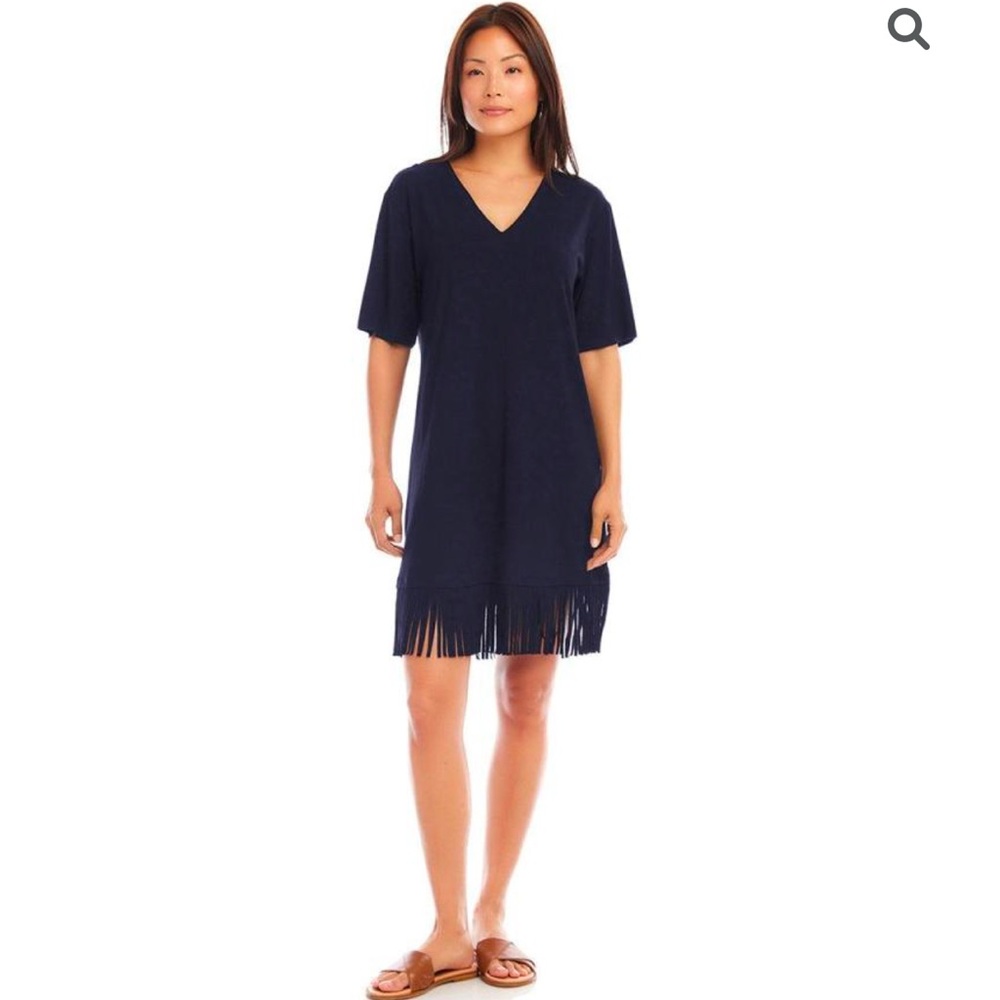 Karen Kane Dress Knit Jersey Short Sleeve Fringe Hem  3X Navy Blue - Picture 6 of 6
